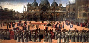 BELLINI, Gentile, Procession in Piazza S. Marco, 1496, Tempera and oil on canvas, 367 x 745 cm, Gallerie dell'Accademia, Venice